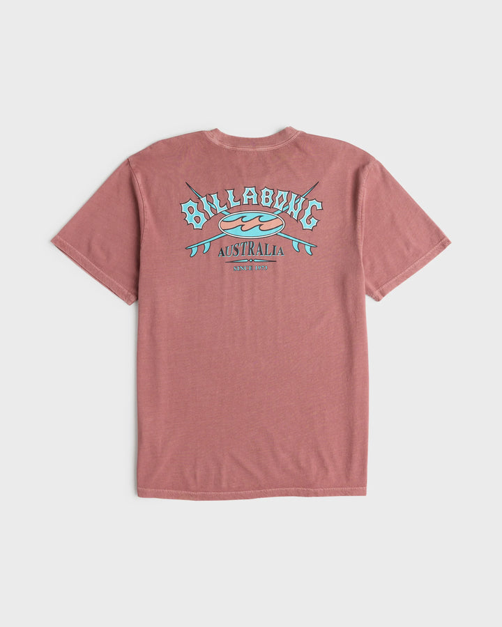 Billabong Men's Heritage Arch Wave Washed Premium Short Sleeve Cotton T-Shirt - Red Dahlia - Sun Diego Boardshop