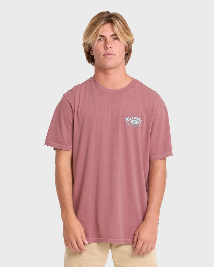 Billabong Men's Heritage Arch Wave Washed Premium Short Sleeve Cotton T-Shirt - Red Dahlia - Sun Diego Boardshop