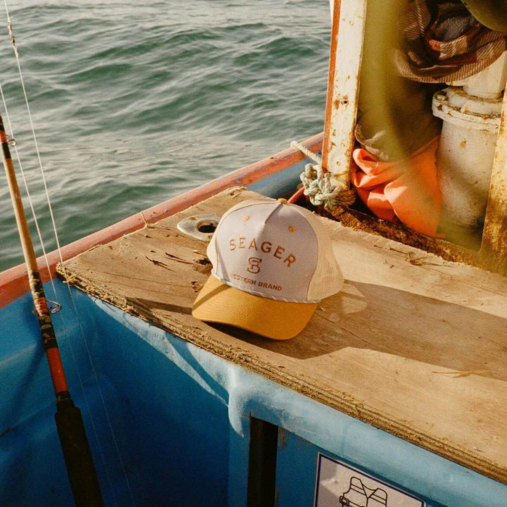 Seager Branded Trucker Snapback Hat - Blue/Tan - Sun Diego Boardshop