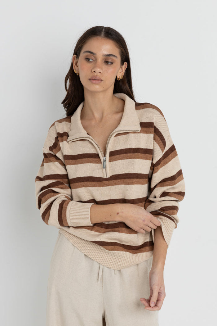 Rhythm 1/4 Zip Isla Striped Jumper - COFFEE - Sun Diego Boardshop