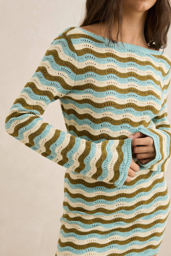 Rhythm Whispering Tides Knit Mini Dress - Blue Rhythm Whispering Tides Knit Mini Dress - Blue