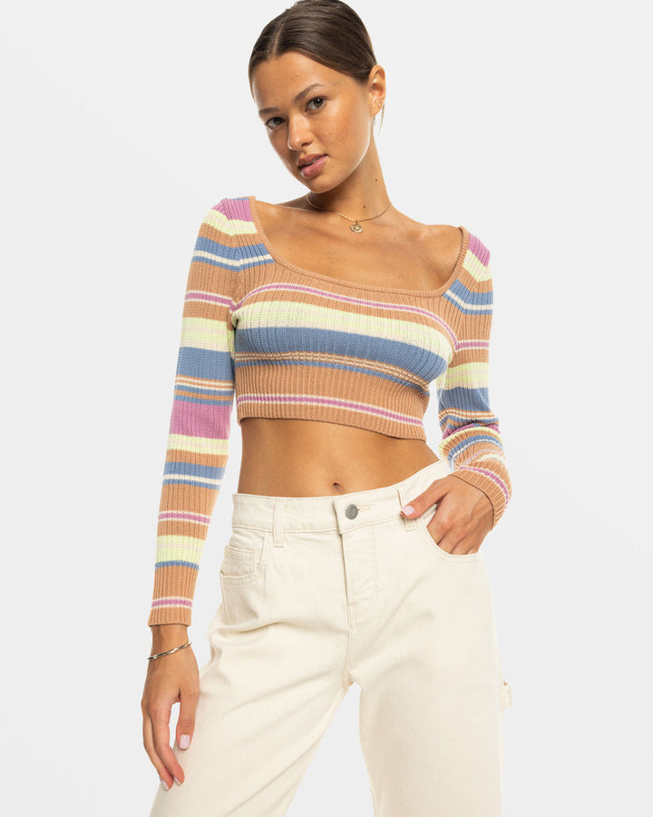 Roxy Sunshine Day Cropped Sweater Top - CAMEL SWITHBACKSTRIPE SWEATERS - Sun Diego Boardshop