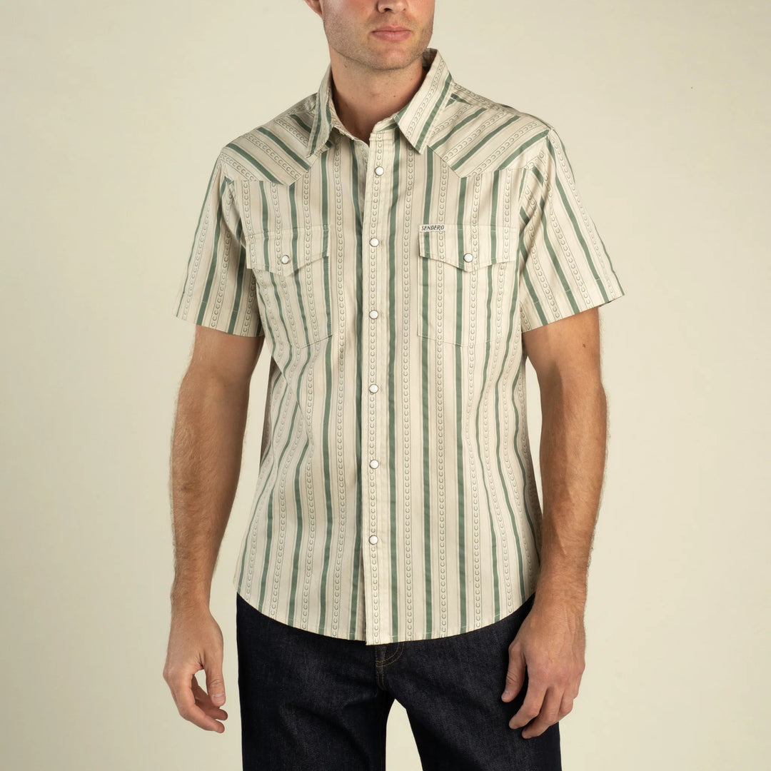 Sendero Men's The Wyatt Pearl Snap Short Sleeve Shirt - Horseshoe Stripe