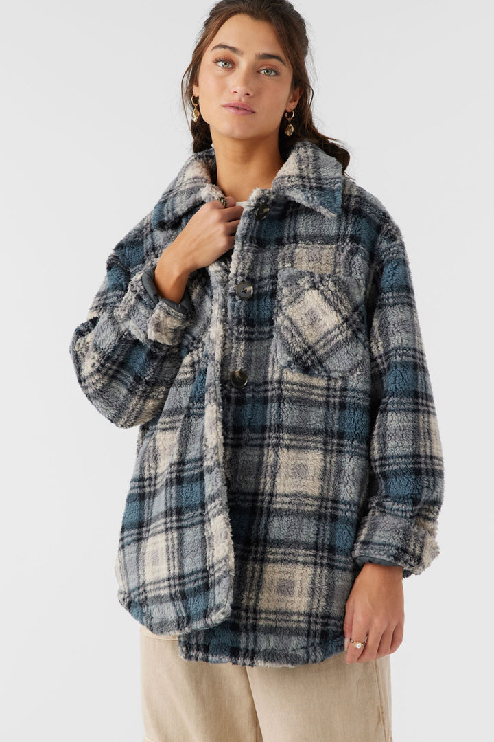 O'Neill HEATH PLAID HIGH PILE OVERSIZED FLEECE JACKET - SLATE - Sun Diego Boardshop