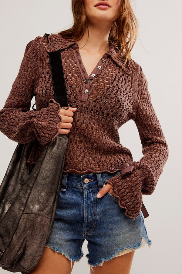 Free People Pointelle Pullover Sweater - CHICORY COFFEE - Sun Diego Boardshop