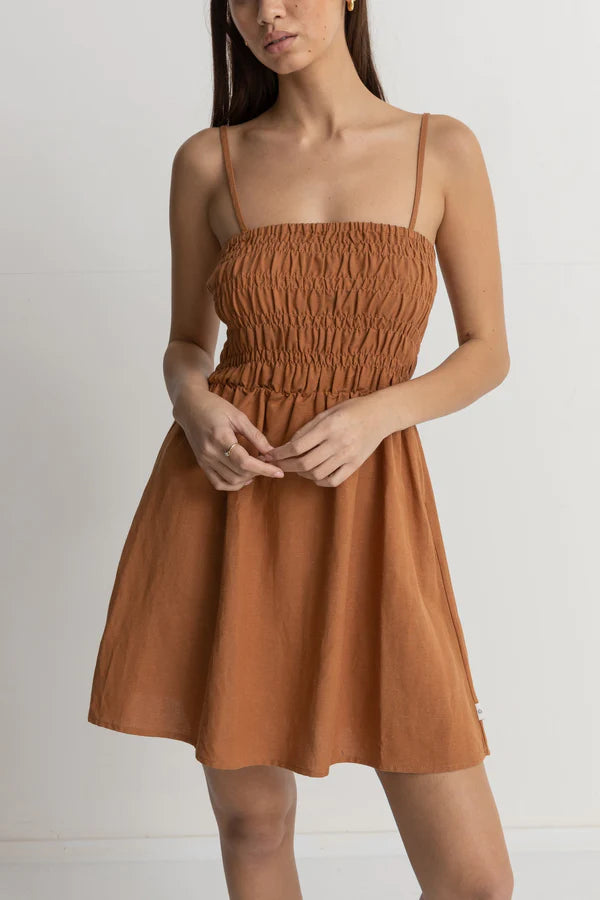 Rhythm Classic Shirred Mini Dress  - Caramel - Sun Diego Boardshop