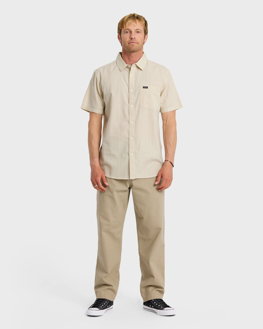 Quiksilver Men's Dobby Stripe Classic Short Sleeve Shirt - Bone White - Sun Diego Boardshop