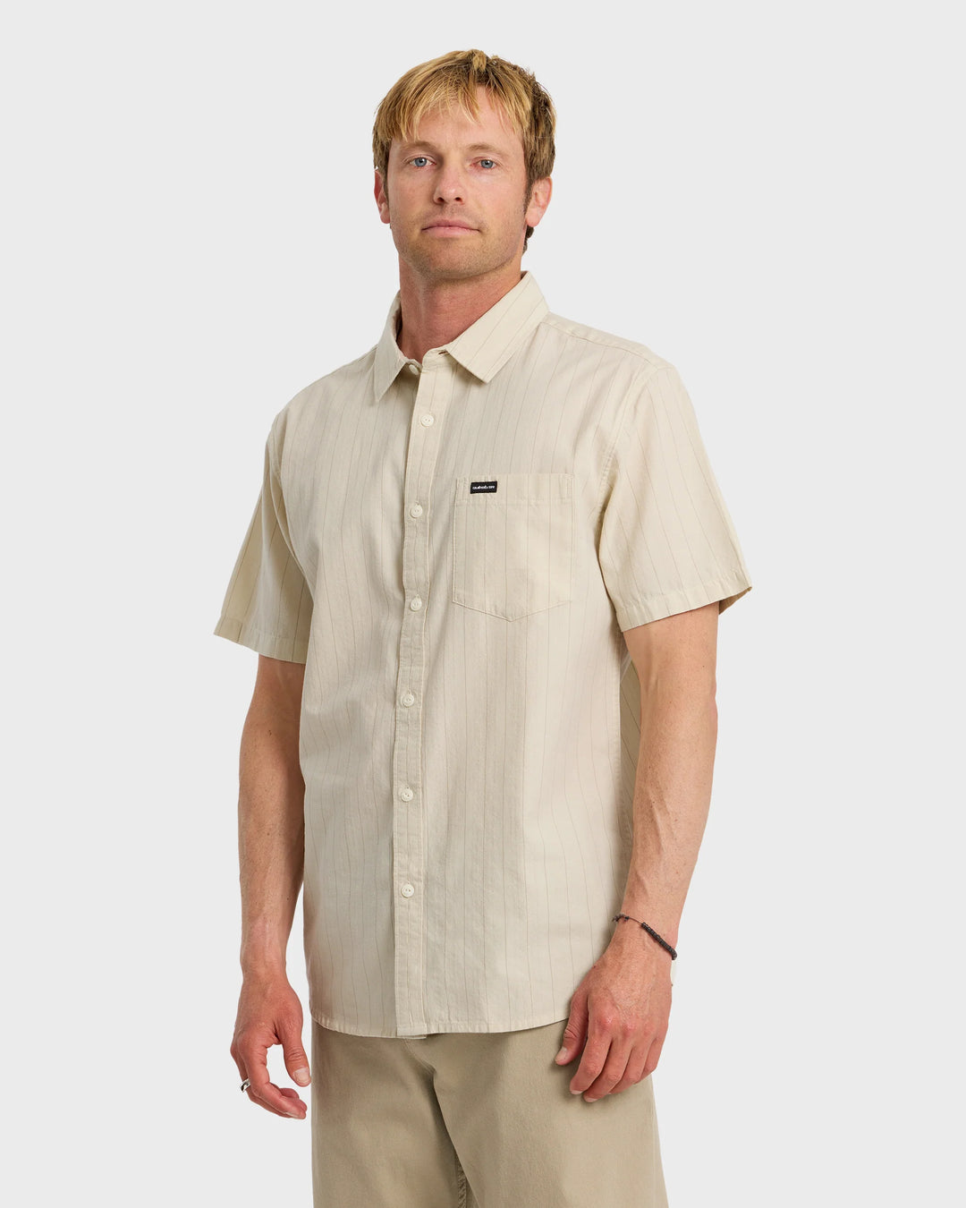 Quiksilver Men's Dobby Stripe Classic Short Sleeve Shirt - Bone White - Sun Diego Boardshop