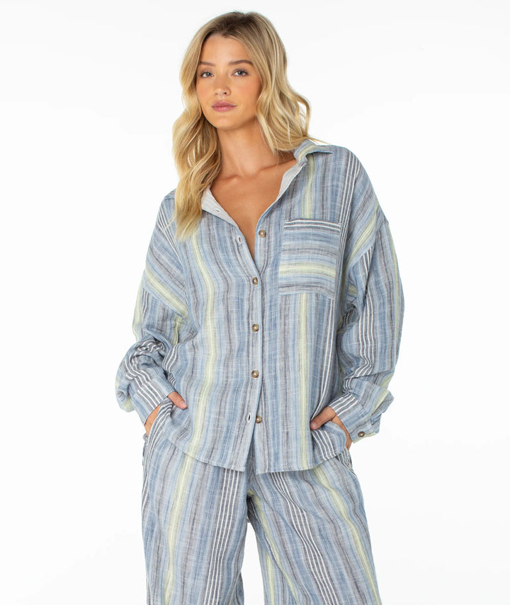 Roxy Women's Lets Get Away Button Down Top - Mood Indigo Coastline Stripe - Sun Diego Boardshop