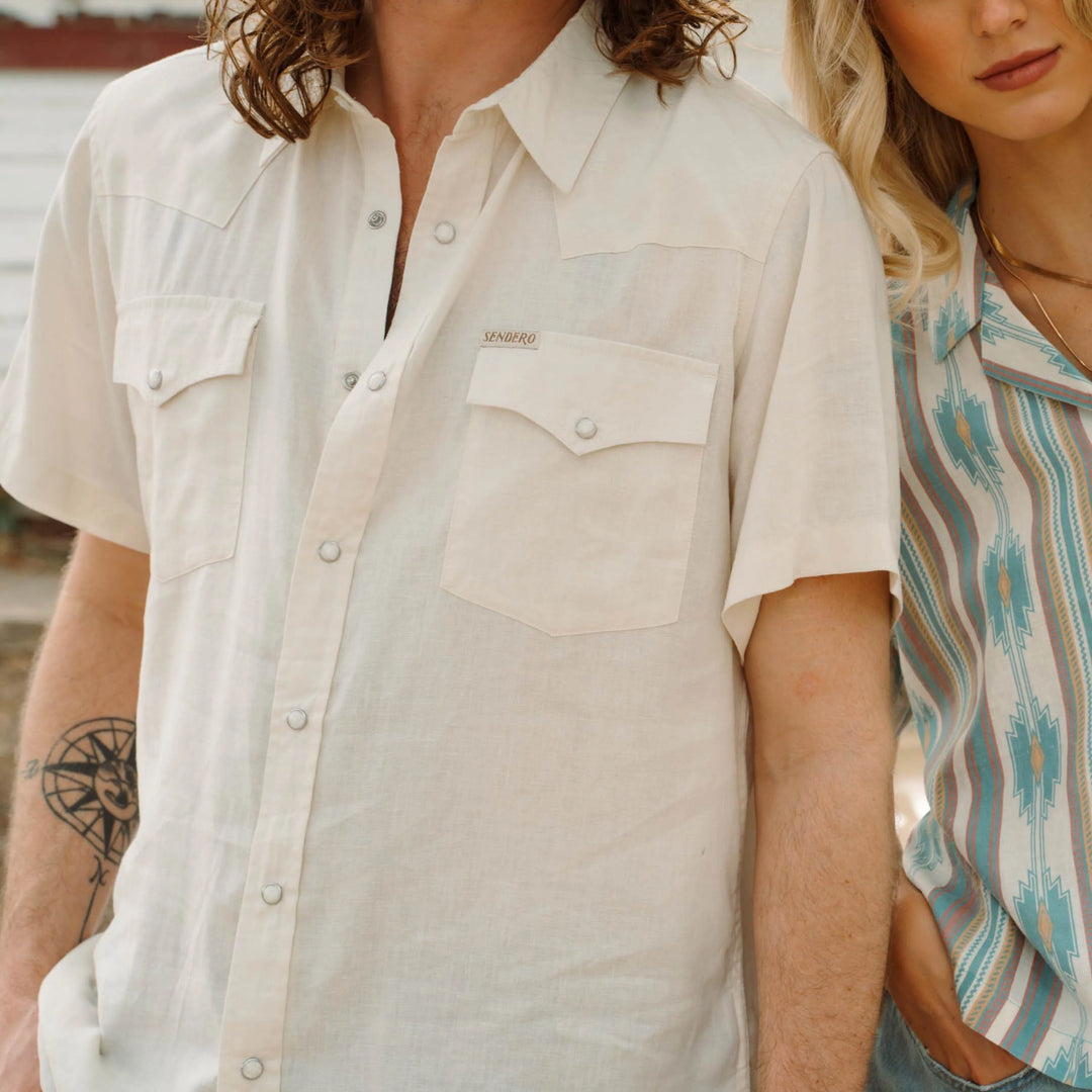 Sendero Men's The Wyatt Pearl Snap Short Sleeve Shirt - Antique White