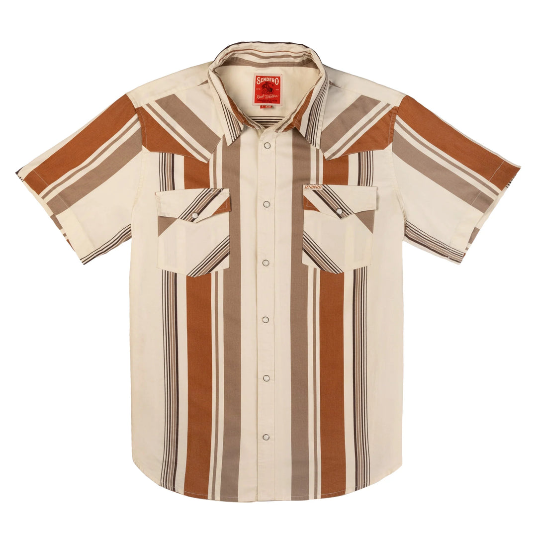 Sendero Men's The Wyatt Pearl Snap Short Sleeve Shirt - Stagecoach Stripe Saddle