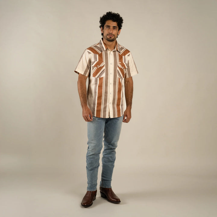 Sendero Men's The Wyatt Pearl Snap Short Sleeve Shirt - Stagecoach Stripe Saddle