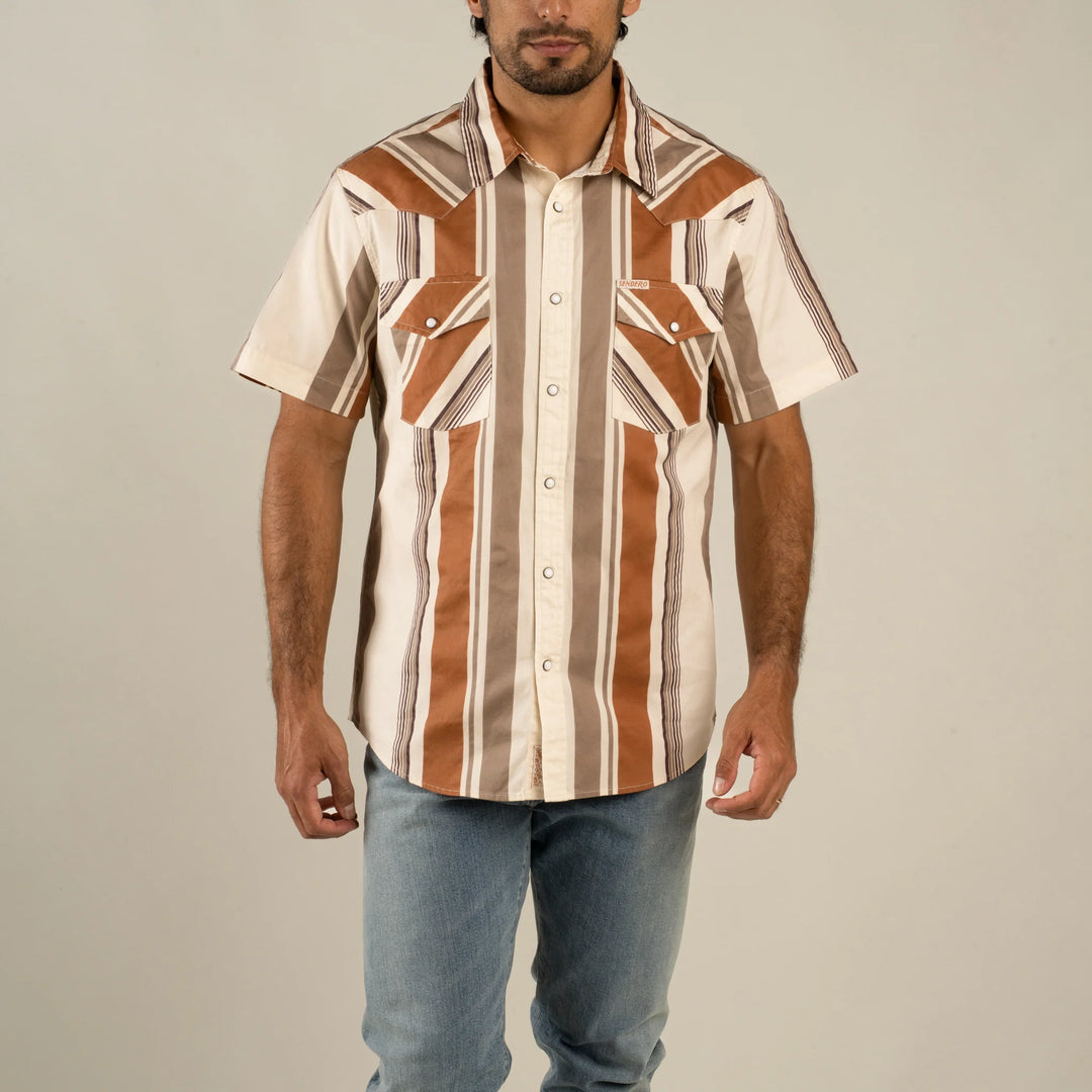 Sendero Men's The Wyatt Pearl Snap Short Sleeve Shirt - Stagecoach Stripe Saddle