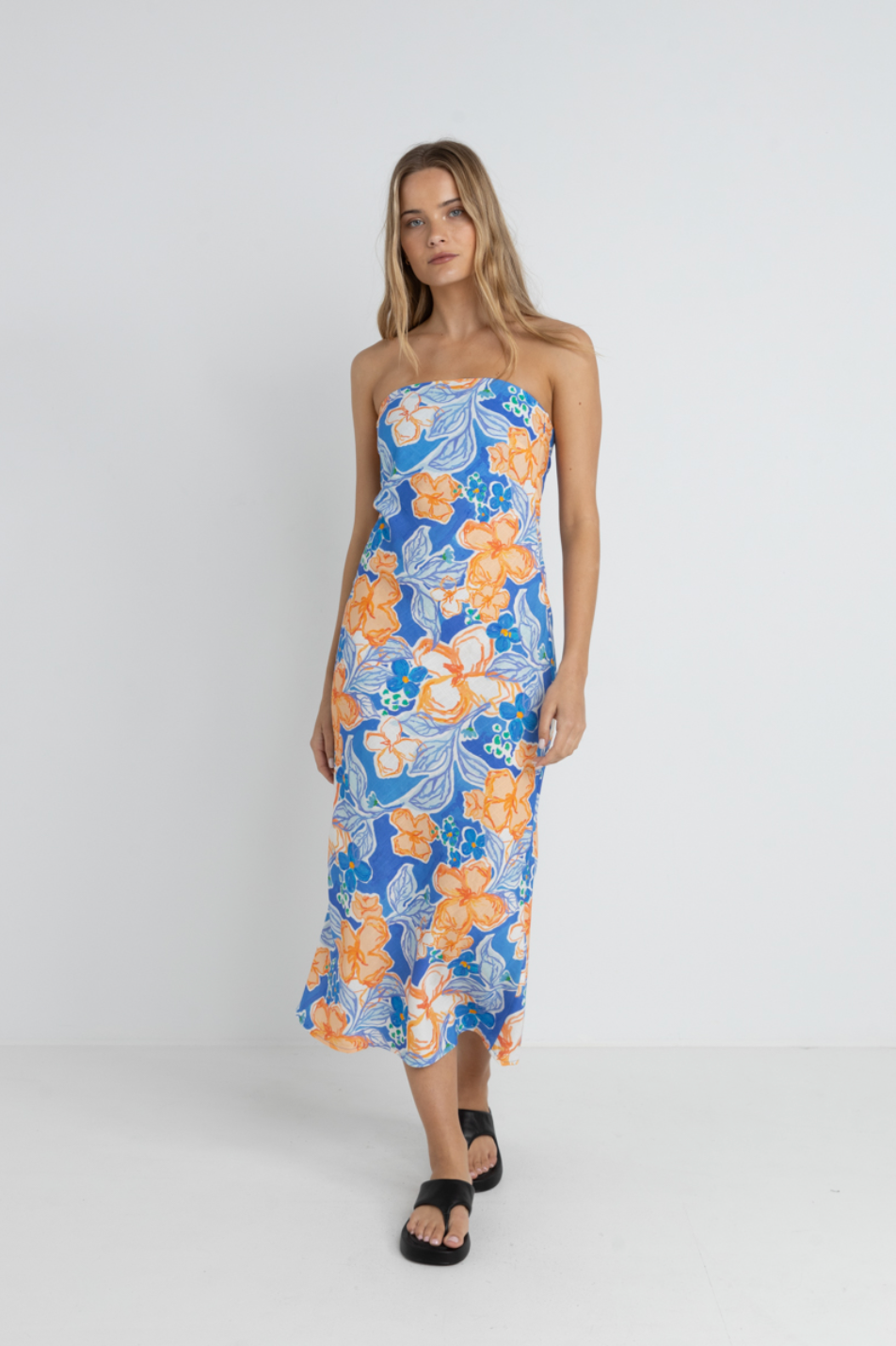 Rhythm Paradise Floral Bias Midi Dress - Blue - Sun Diego Boardshop