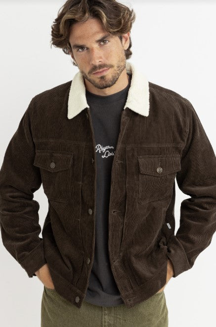 Rhythm Flannel Lined Cord Trucker Jacket - Chocolate