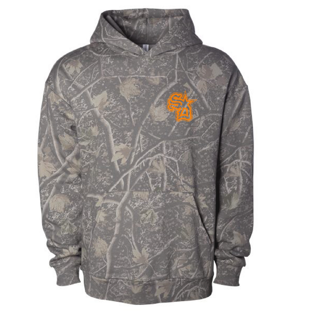 Gray camouflage hoodie with a logo on a white background