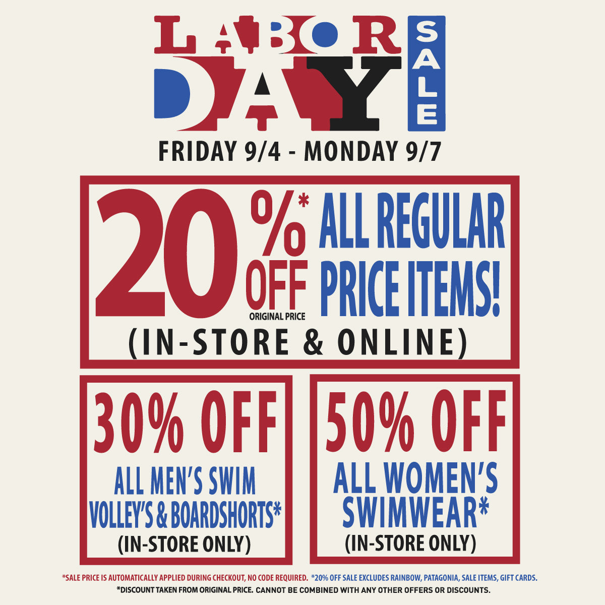 Labor Day Sale promotional flyer with red and blue text on a light beige background, offering 20% off regular price items Friday 9/4 through Monday 9/7, plus 30% off men's swim volleyball and boardshorts and 50% off women's swimwear.