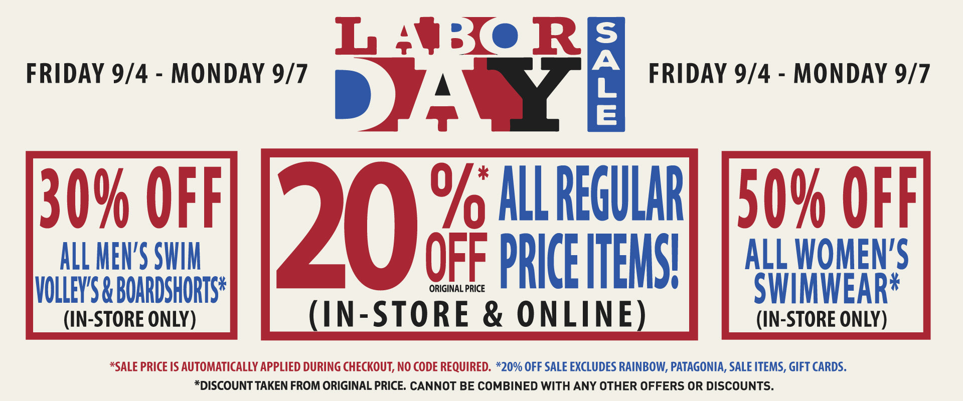 Labor Day Sale promotional banner with red, white, and blue text on a light beige background, offering discounts on men's swim volley/shorts and women's swimwear.