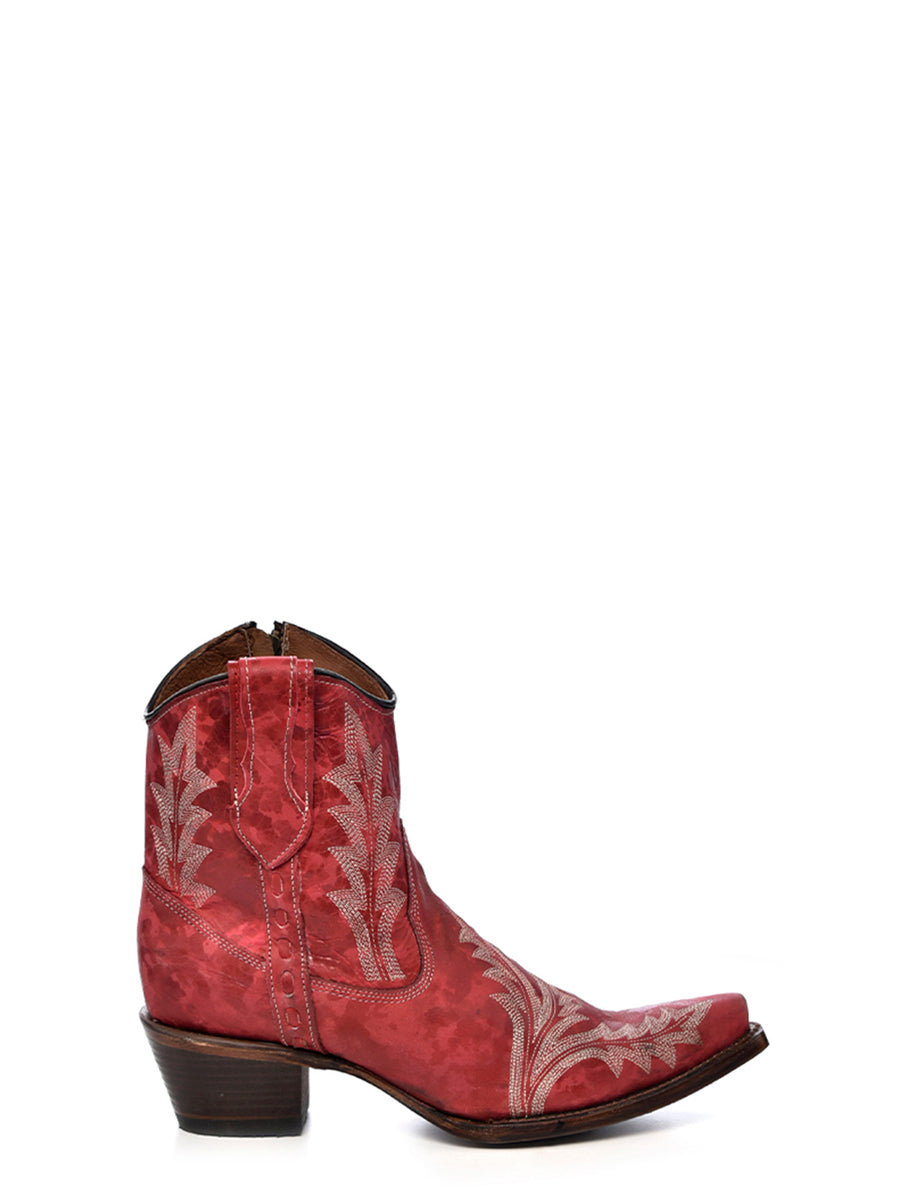 Corral Boots WOMEN’S EMBROIDERY AND ZIPPER RED SNIP TOE ANKLE COWBOY BOOT - RED - Sun Diego Boardshop