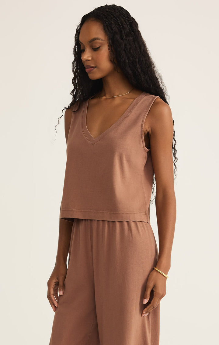 Z-Supply Sloane V-Neck Cotton Jersey Top - Teakwood - Sun Diego Boardshop