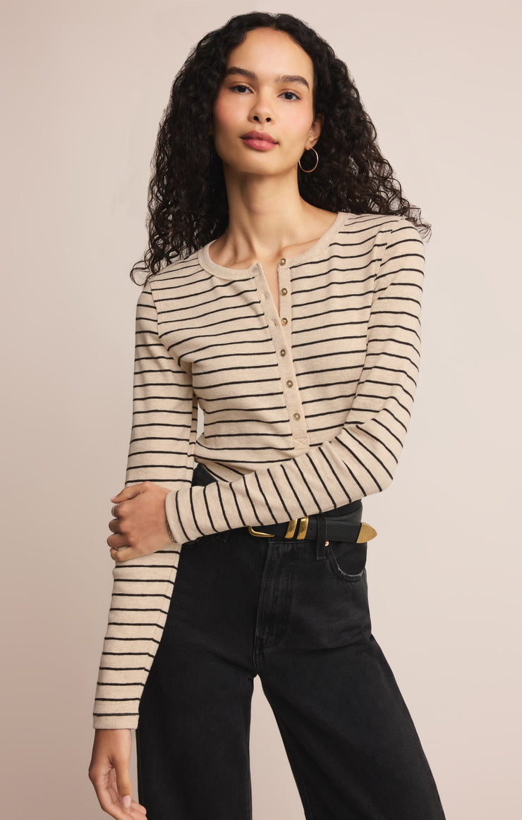 Z-Supply Eve Stripe Henley Long Sleeve - Light Oatmeal Heather - Sun Diego Boardshop