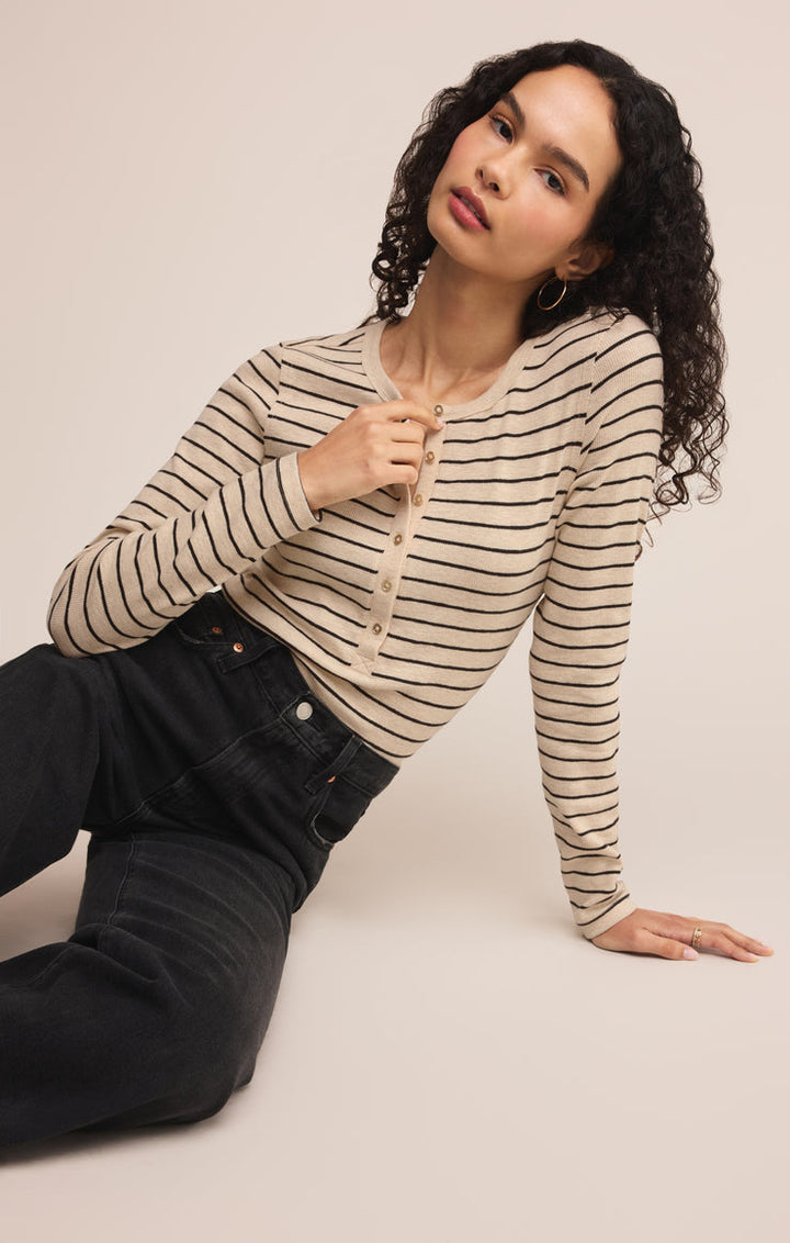 Z-Supply Eve Stripe Henley Long Sleeve - Light Oatmeal Heather - Sun Diego Boardshop