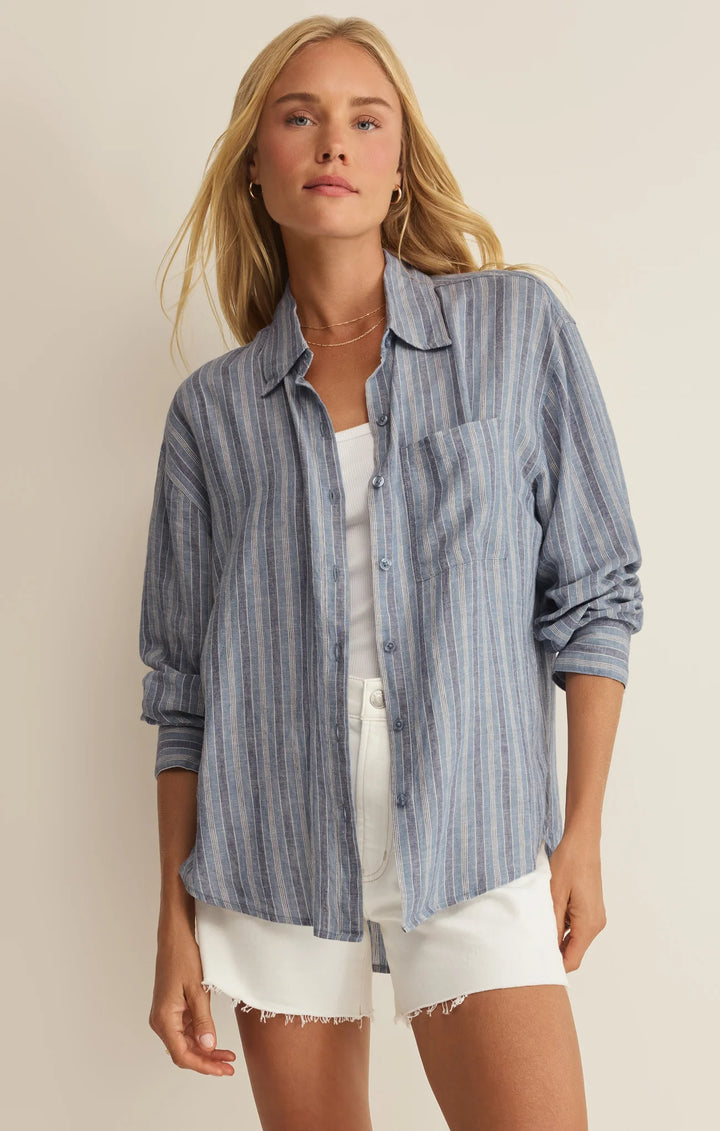 Z Supply Women's The Perfect Striped Linen Button Up - Indigo - Sun Diego Boardshop