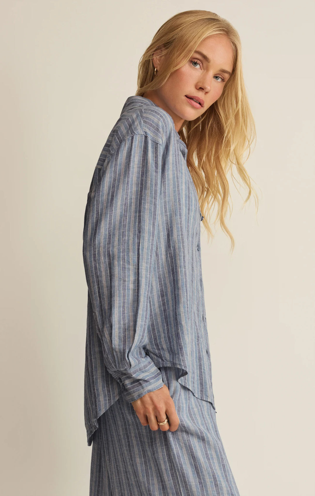 Z Supply Women's The Perfect Striped Linen Button Up - Indigo - Sun Diego Boardshop
