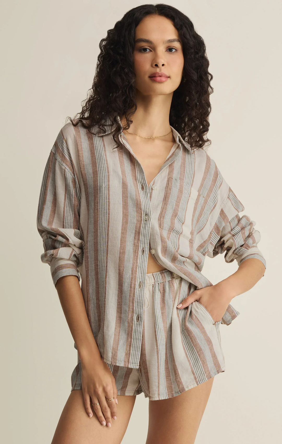 Z Supply Women's The Perfect Striped Linen Button Up - Island Coconut - Sun Diego Boardshop