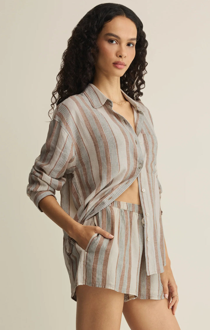 Z Supply Women's The Perfect Striped Linen Button Up - Island Coconut - Sun Diego Boardshop