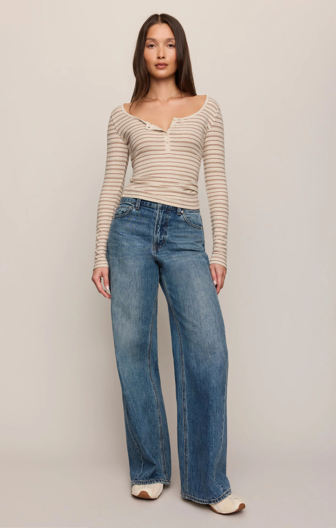 Z-Supply Women's Andie Striped Henley Top - Light Oatmeal Heather - Sun Diego Boardshop