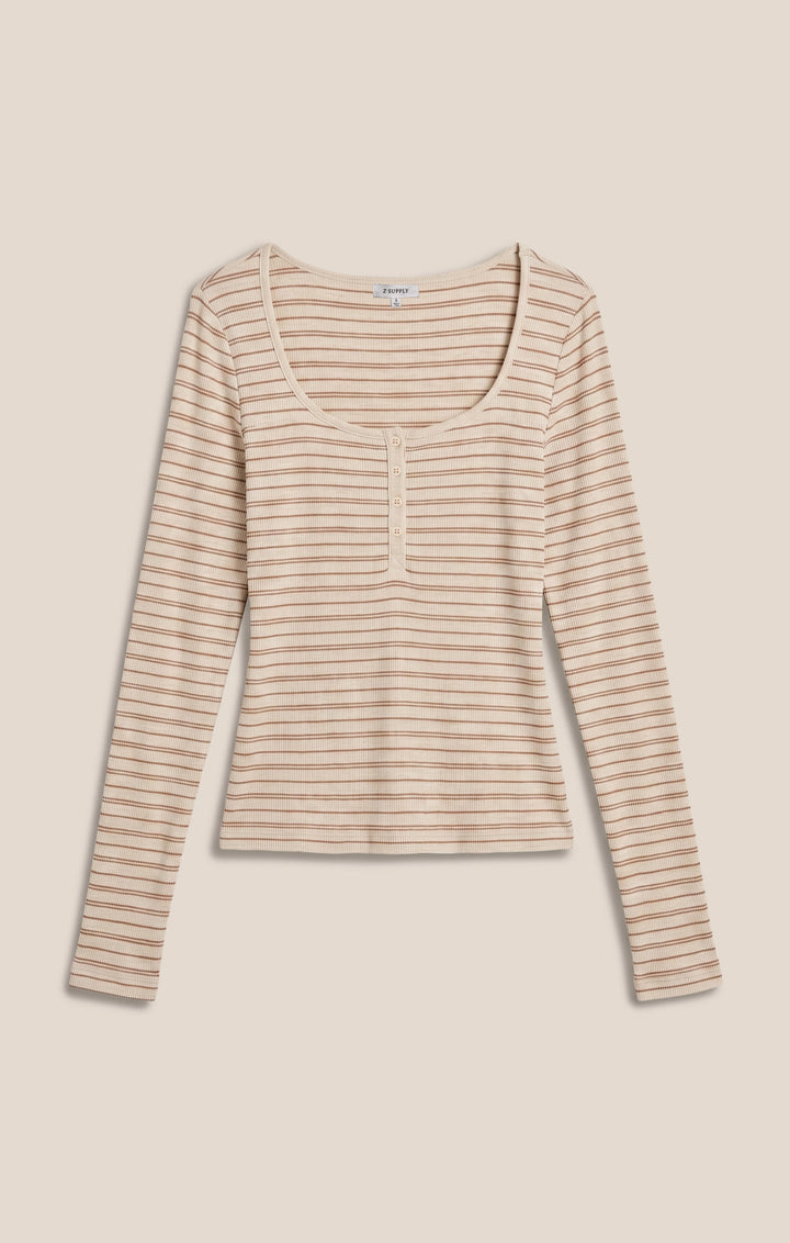 Z-Supply Women's Andie Striped Henley Top - Light Oatmeal Heather - Sun Diego Boardshop