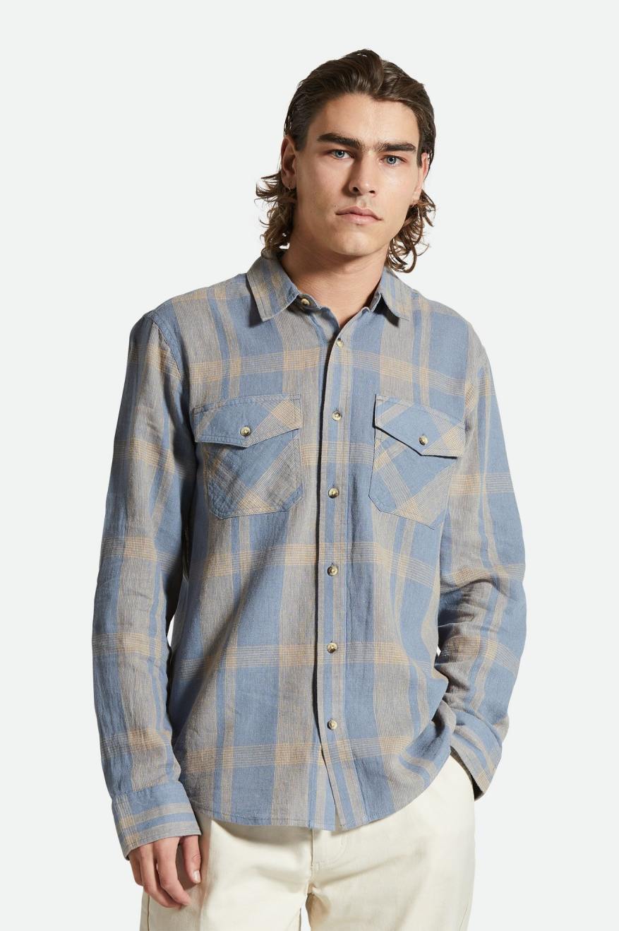 Brixton Memhis linen blend l/s shirt - FLINT STONE BLUE/CINDER GREY - Sun Diego Boardshop