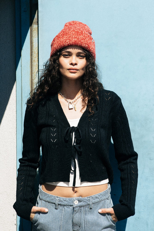 Brixton Cropped Pointelle Tie Cardigan - Black | Sun Diego… – Sun