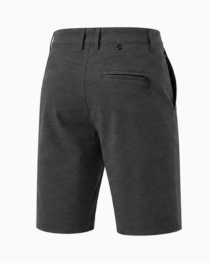 Dark gray heathered athletic shorts with a zippered side pocket, shown from the back on a white background.