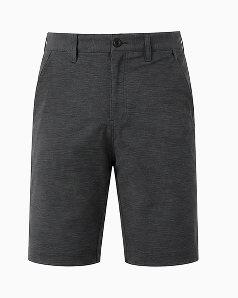 Dark gray heathered shorts with a button closure and belt loops, shown against a plain white background.