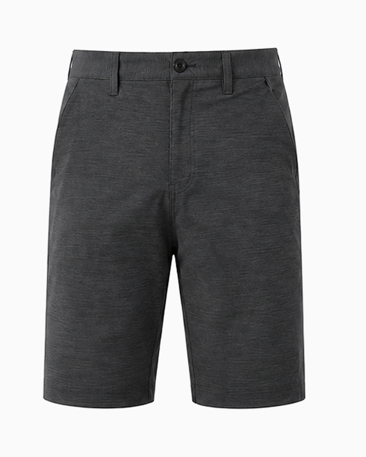 Dark gray heathered shorts with a button closure and belt loops, shown against a plain white background.