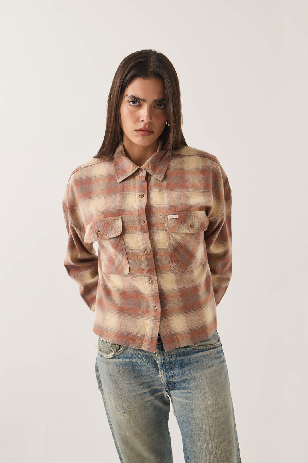 Brixton Women's Bowery Crop Overshirt - Soft Tan Window Plaid - Sun Diego Boardshop