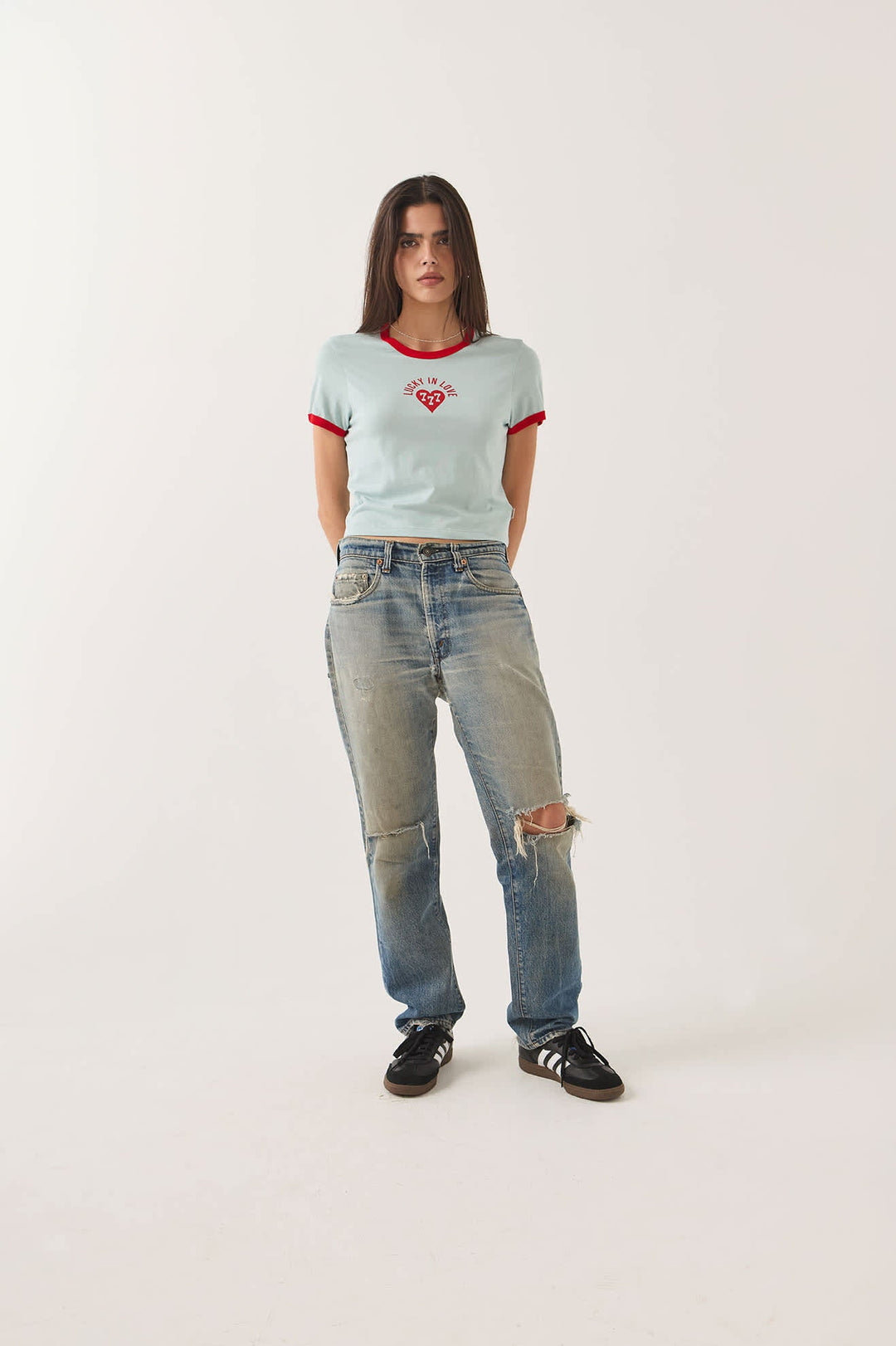 Brixton Women's Lucky In Love Baby T-Shirt - Sea Grass/Adrenaline Red - Sun Diego Boardshop