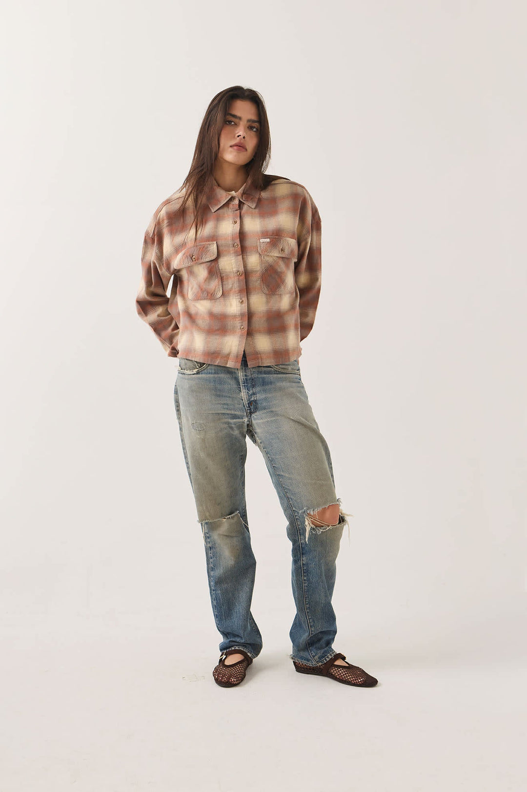 Brixton Women's Bowery Crop Overshirt - Soft Tan Window Plaid - Sun Diego Boardshop