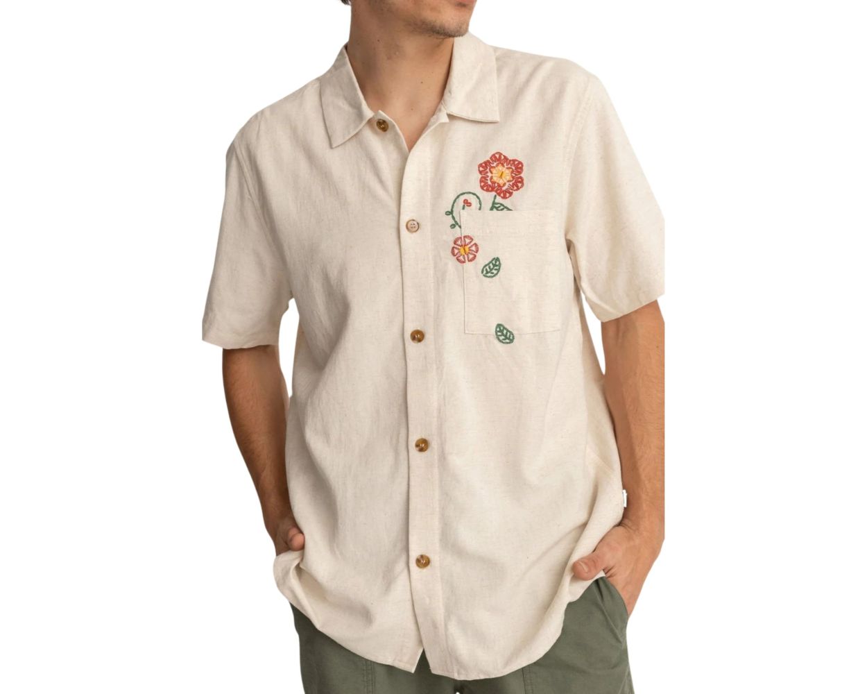 Rhythm Flower Embroidery Shirt - Natural | Sun Diego Boardshops