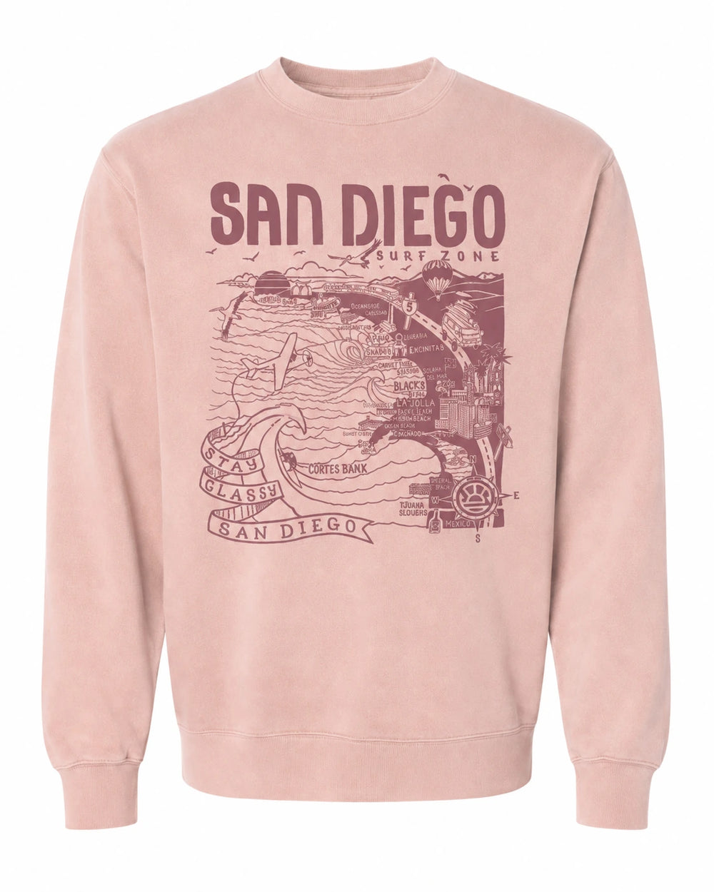 SunDiego Women's San Diego Map Crewneck - Dusty Pink - Sun Diego Boardshop