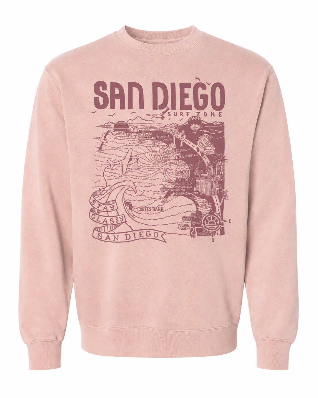 SunDiego Women's San Diego Map Crewneck - Dusty Pink - Sun Diego Boardshop