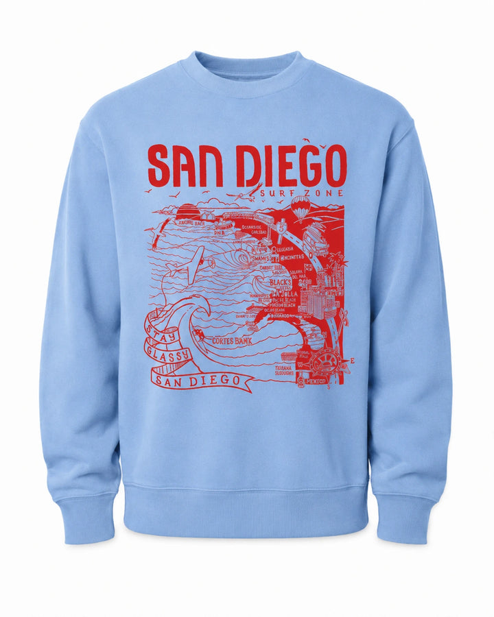 SunDiego Women's San Diego Map Crewneck - Light Blue/Red