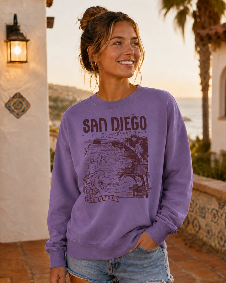 SunDiego Women's San Diego Map Crewneck - Plum - Sun Diego Boardshop