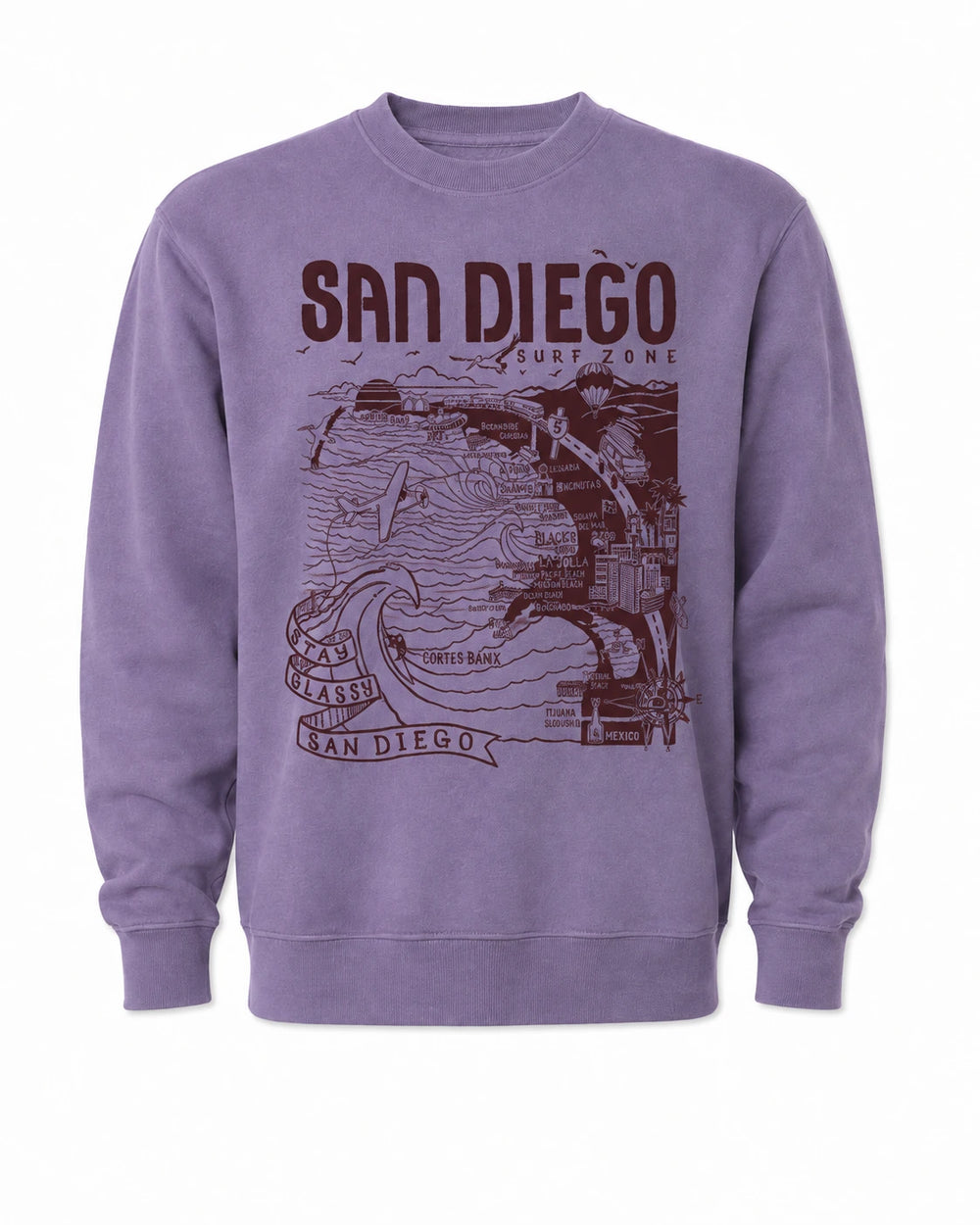SunDiego Women's San Diego Map Crewneck - Plum - Sun Diego Boardshop