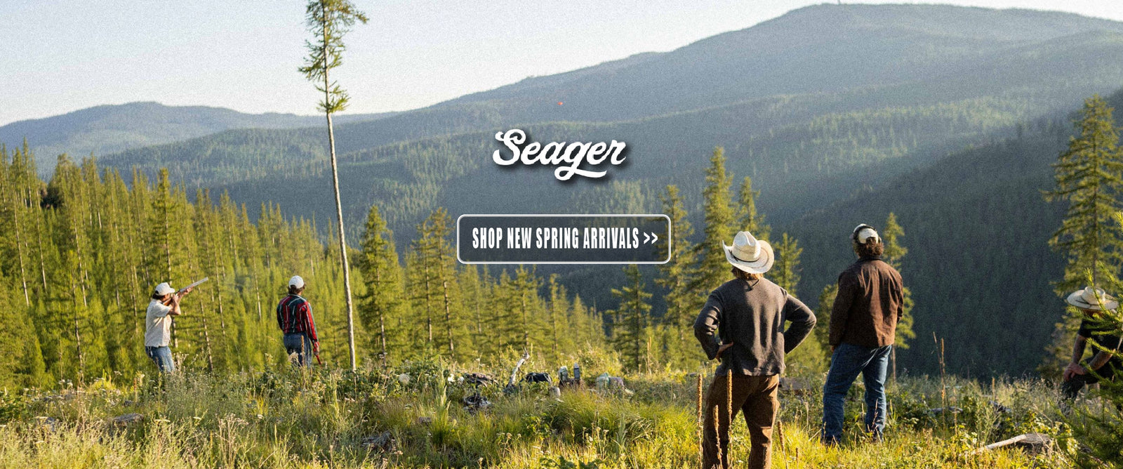 People in a mountainous forest with 'Seager' branding and promotional text.