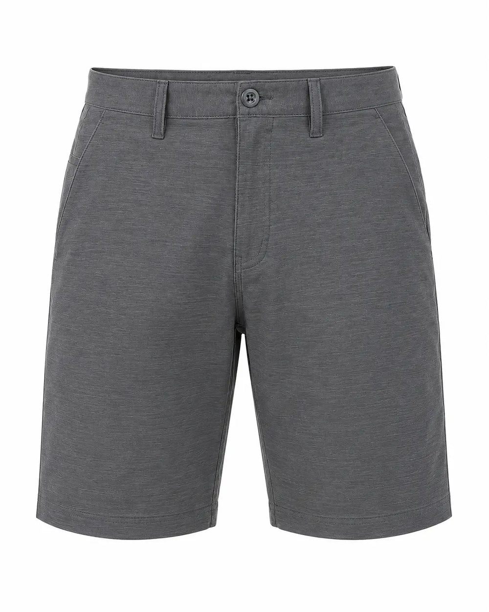 A pair of men's charcoal gray heathered shorts with a button closure and belt loops, shown against a plain white background.