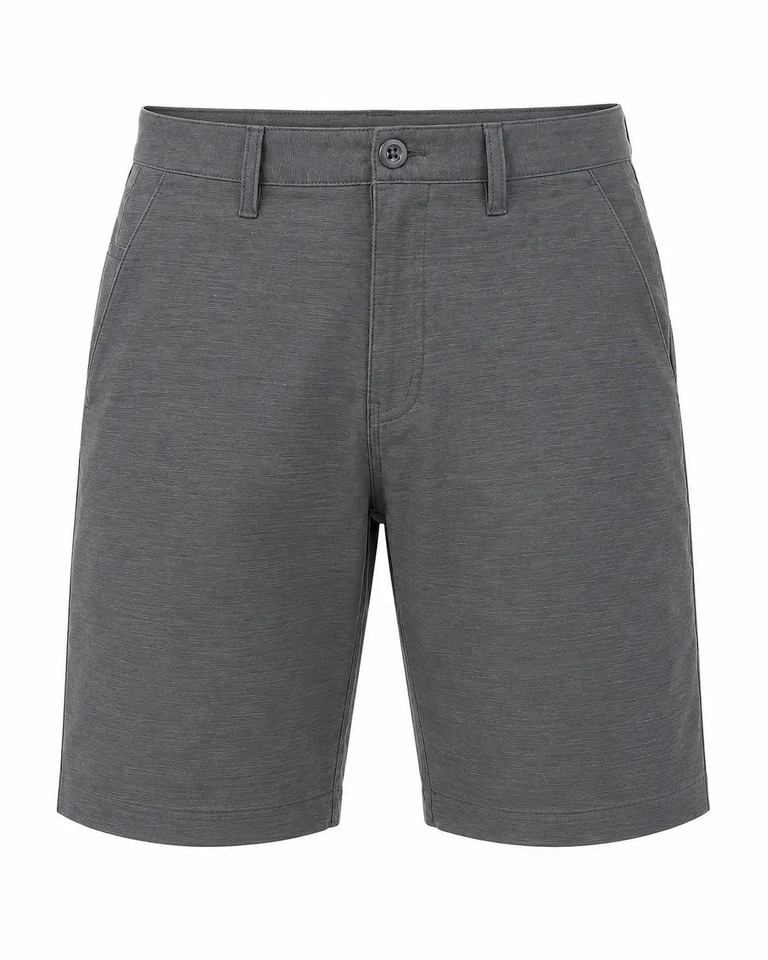 A pair of men's charcoal gray heathered shorts with a button closure and belt loops, shown against a plain white background.