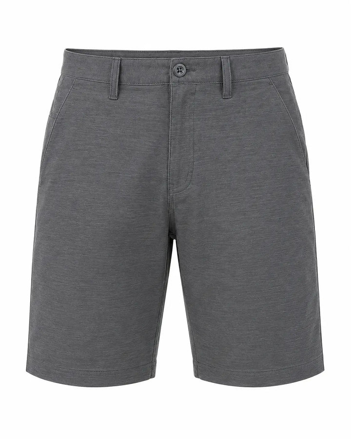 A pair of men's charcoal gray heathered shorts with a button closure and belt loops, shown against a plain white background.